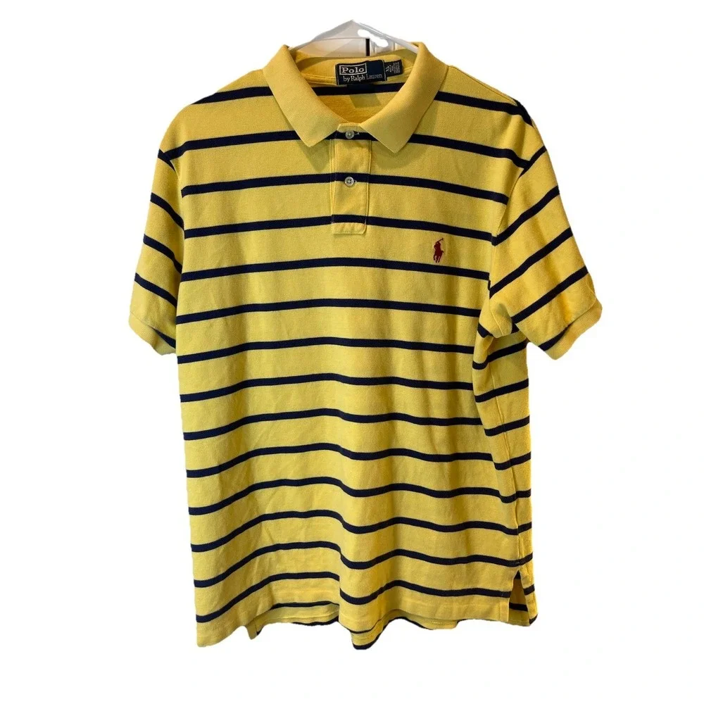 Polo‎ Ralph Lauren Mens XL Yellow Navy Striped Polo Shirt Pony Logo Preppy Golf